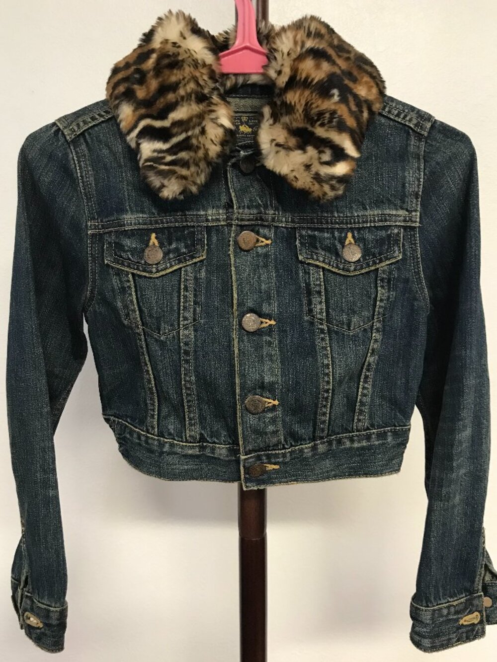 Ralph Lauren Girls Denim Jacket 8 NWOT Removable Leopard Collar